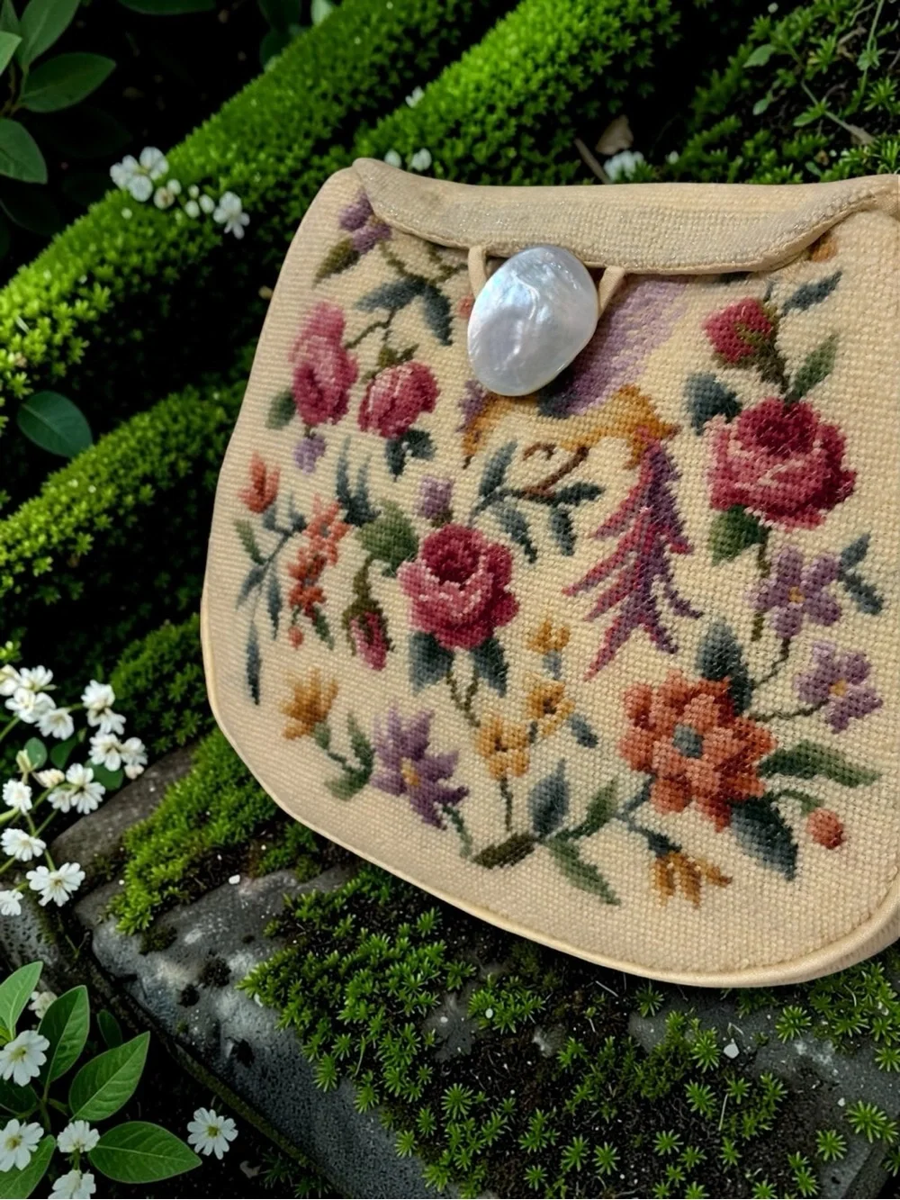 1920’s-30’s Needle Point Floral Clutch with Large Abalone Pearl Saucer Closure